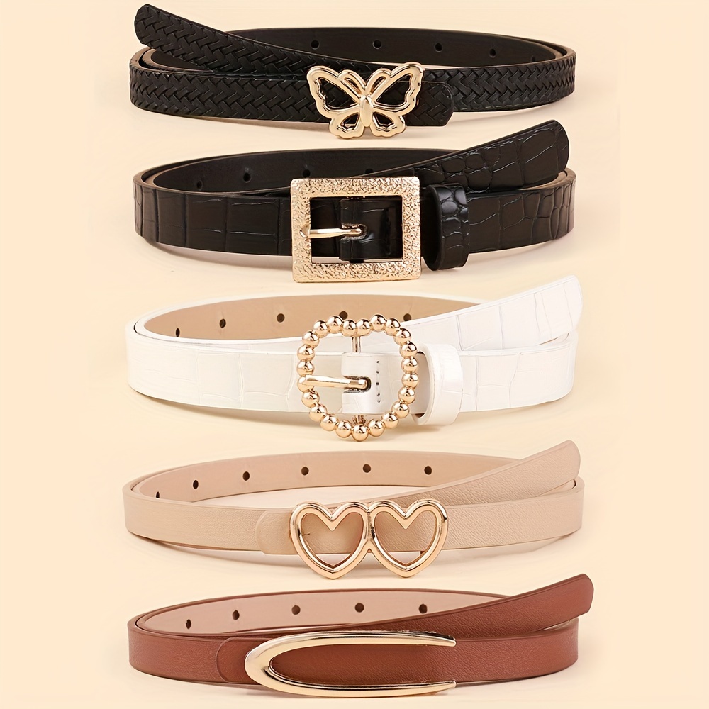 

5pcs Fashion Pu Leather Belt Set For Women Butterfly Oval Square Heart Shaped Pin Buckle Belts High Quality Ladies Dress Jeans Strap Daily Uses Waistband Adjustable Belts