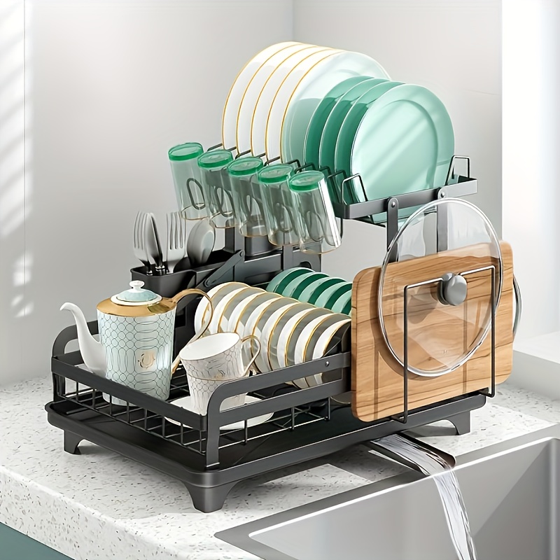 

1pc Two-tier Dish Rack Organizer With Utensil Holder, Plate Slots & Cup Hooks - Black Metal And , Ideal For Kitchen Counter Storage