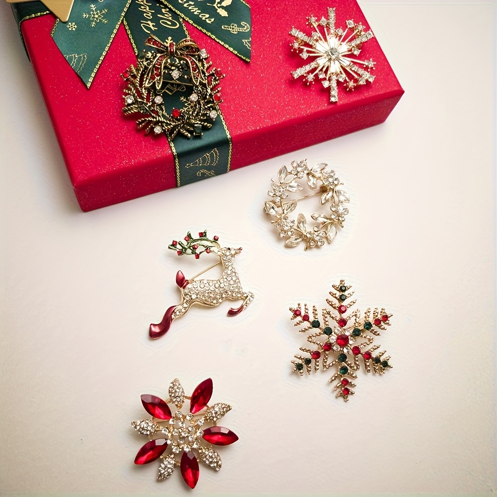 TEMU 6pcs Christmas Brooches, Elegant Women's Snowflake Brooches, Kc Gold Plated Shiny Reindeer Pins, Christmas Additions, Luxurious Evening Party