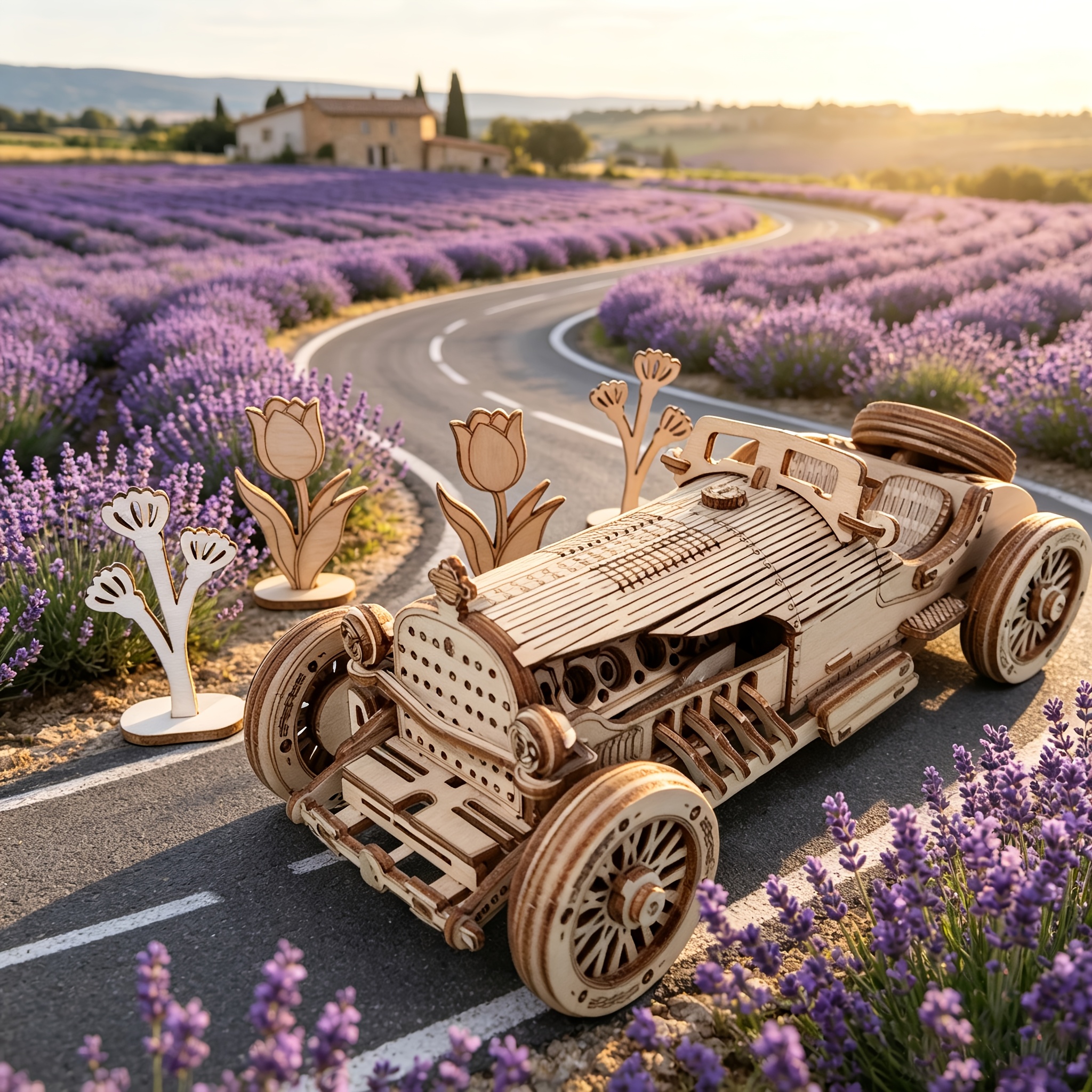 Vintage Convertible Sports Car Wooden Puzzle Set with Flower Ornaments
