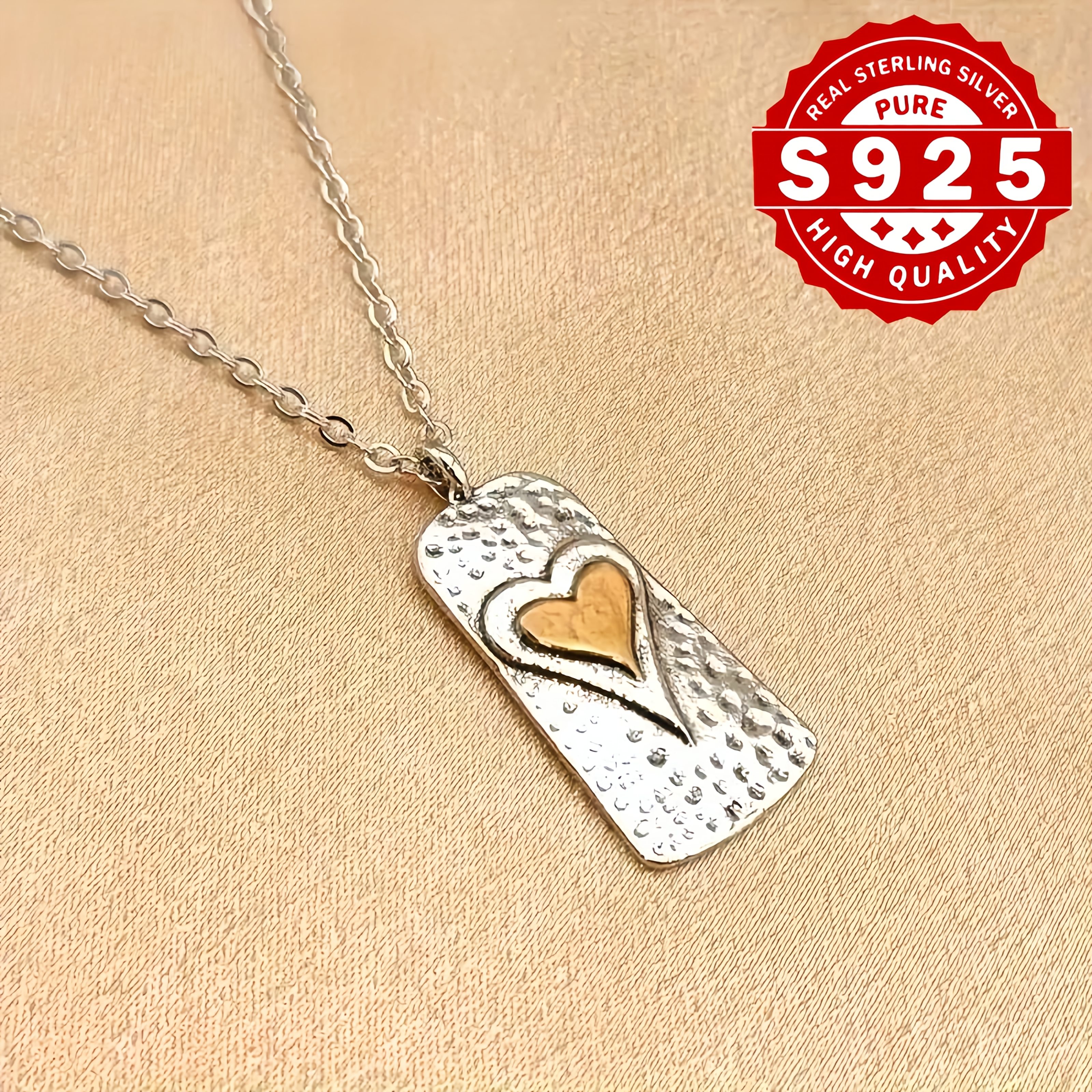 S925 Sterling Silver Fashionable Double-layer Heart-shaped Geometric Rectangular Pendant Necklace, Retro Love Accessory, Suitable For Lovers