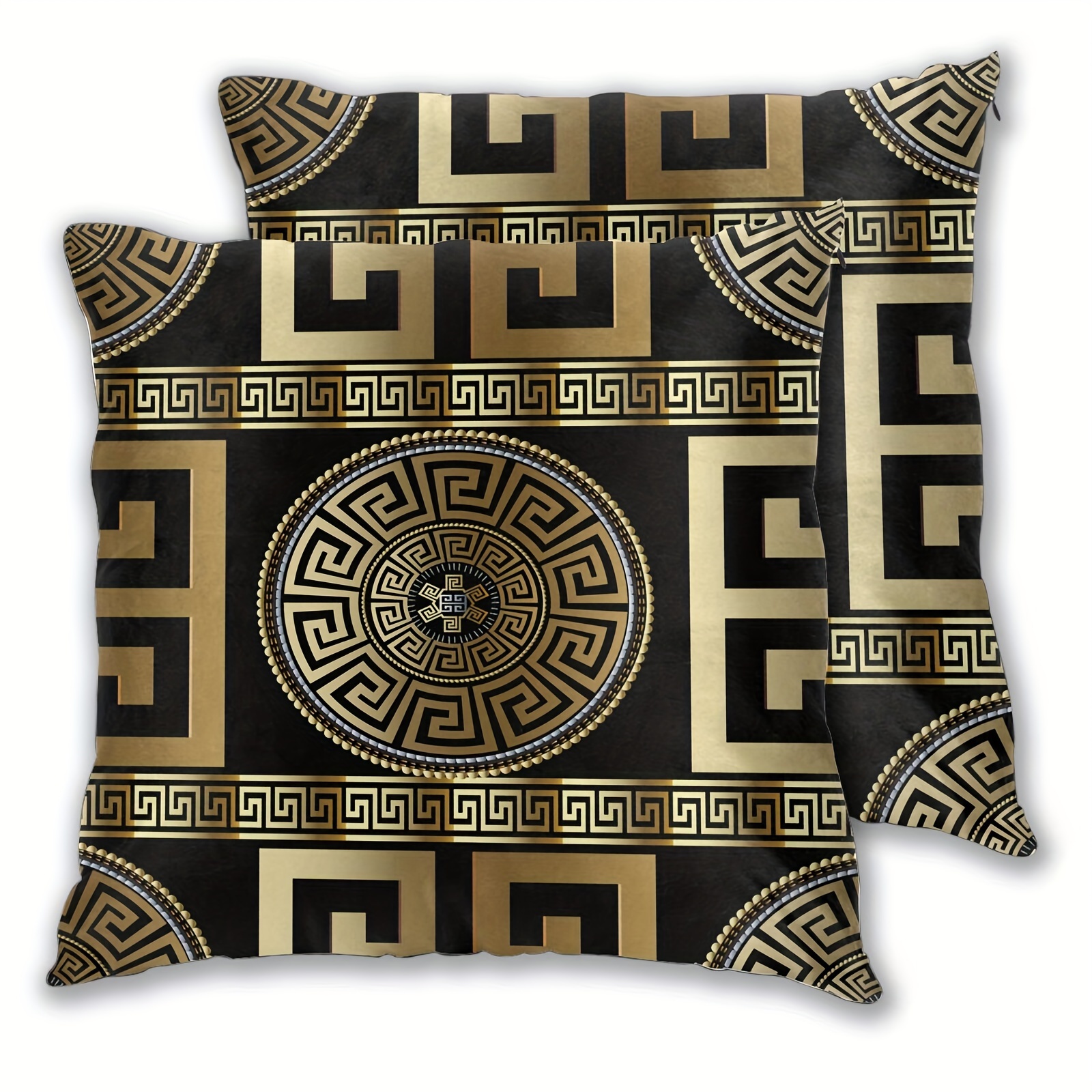 

2pcs Short Plush Greek-key Throw Pillow Covers Pillowcases Modern Geometric Greek Key Decor Gold Cushion For Bedding Living Room Bedroom Office Sofa Couch 18 X 18 Inch