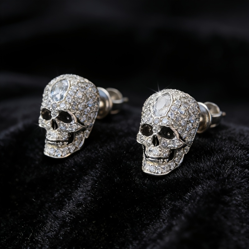 TEMU 1 Pair Of Gothic Sparkling Synthetic Cubic Synthetic Synthetic Zircon Skull Earrings, Suitable For Men And Women - Sparkling Skull Earrings,