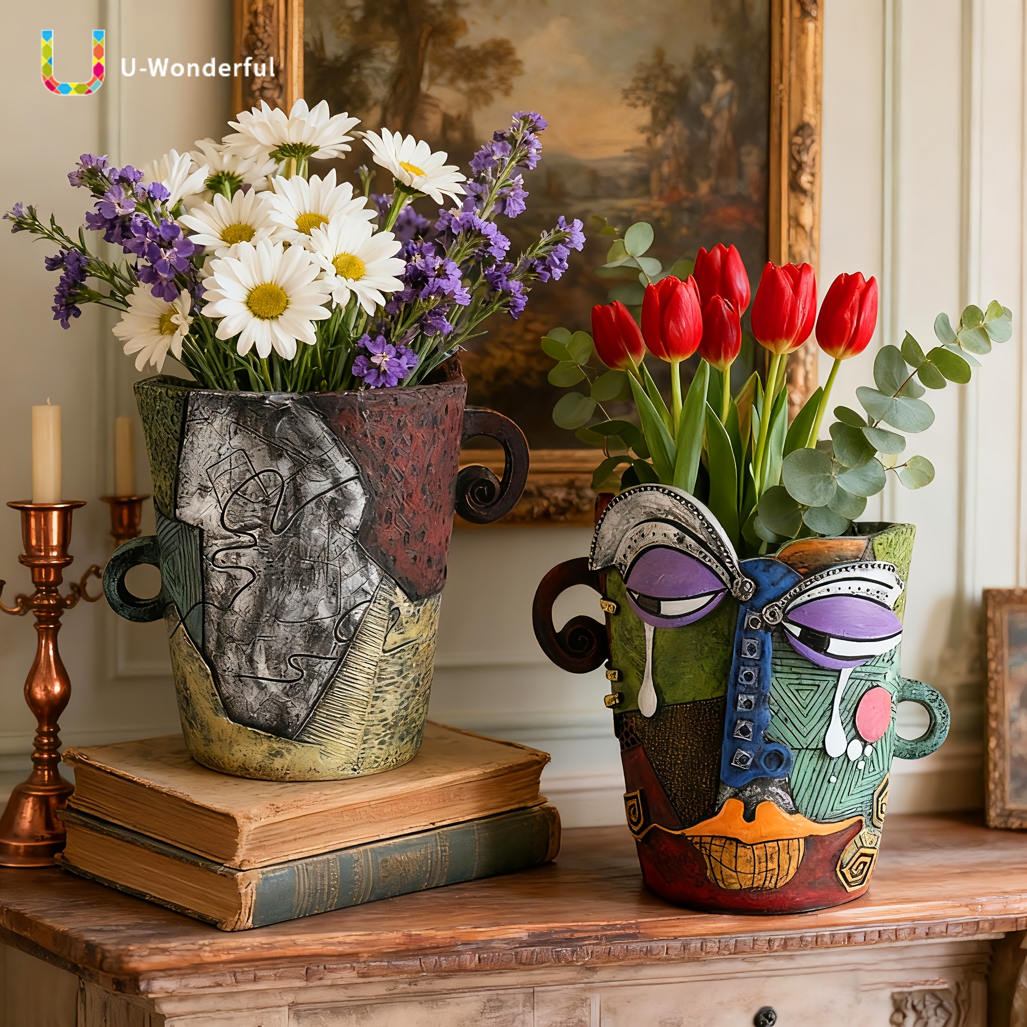 Jardinière Peinture Main Pot De Jardin En Béton Peint Main - Décoration Tulipes Et Petite Maison - Intérieur/Extérieur Pot Béton Tin Dreams Peint Main Décoratif