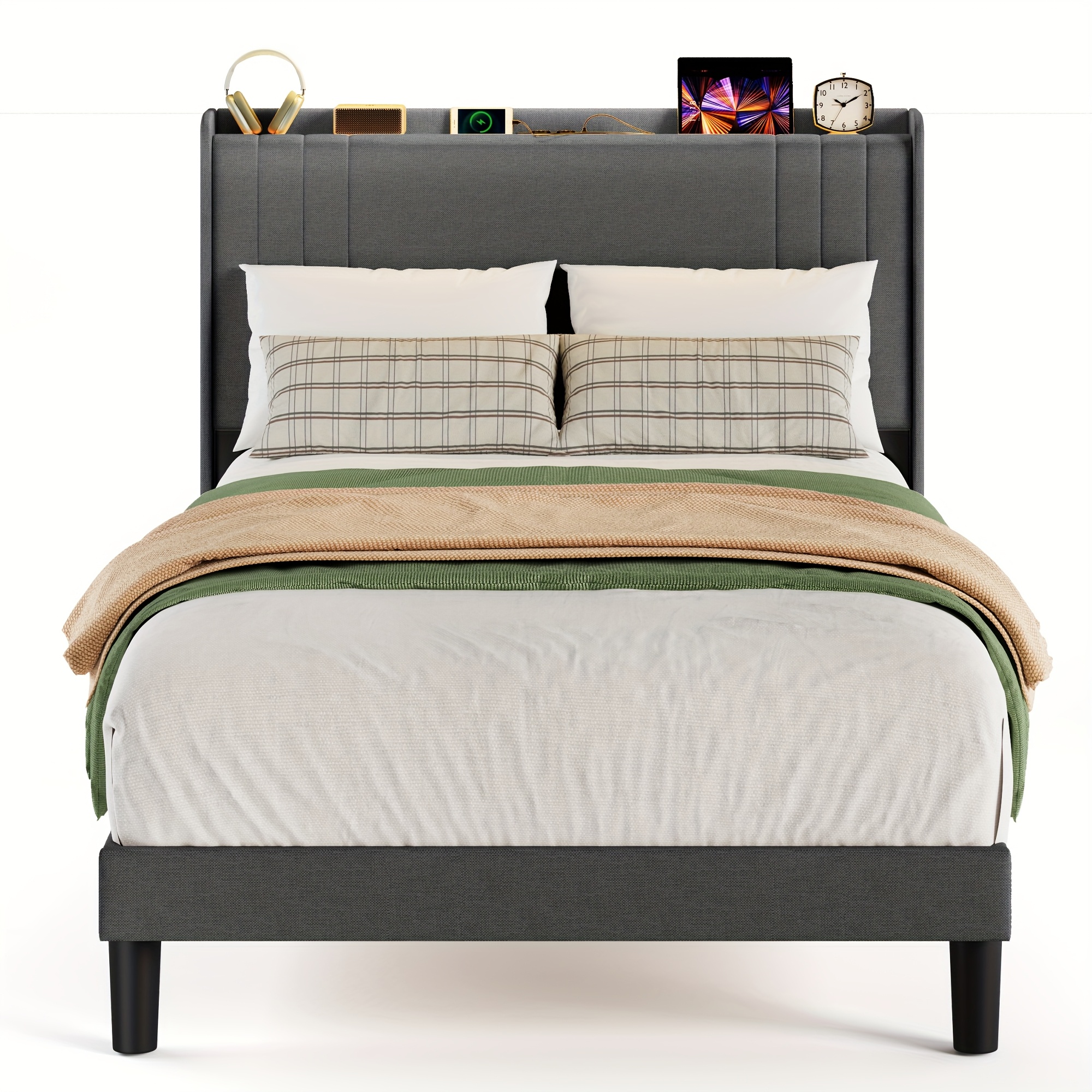 120×200cm Upholstered Bed Frame, Headboard With Storage, Double Bed Frame With , Minimalist Bedroom Furniture, , Sturdy Construction, Apartment Furniture; Mattress Not Included