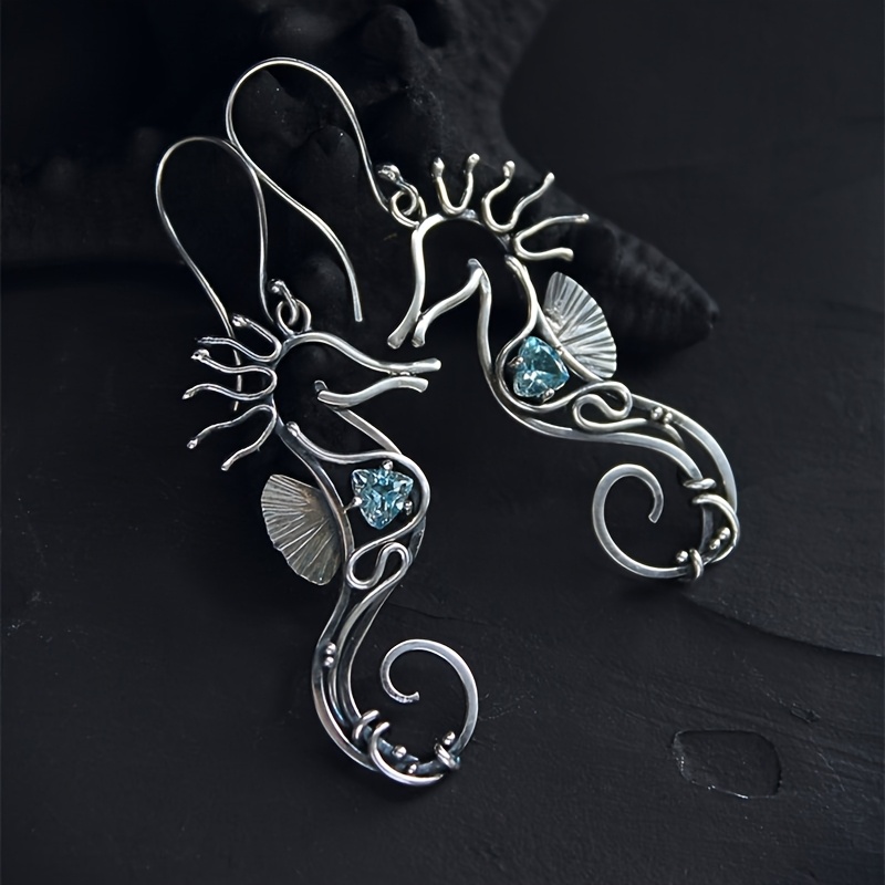 Image of 2pcs Fun Cute Light Blue Stone Hook Dangle Earrings, Inlaid Seahorse Animal, Retro Ladies, Black Friday Gift, Valentine's Day Gift