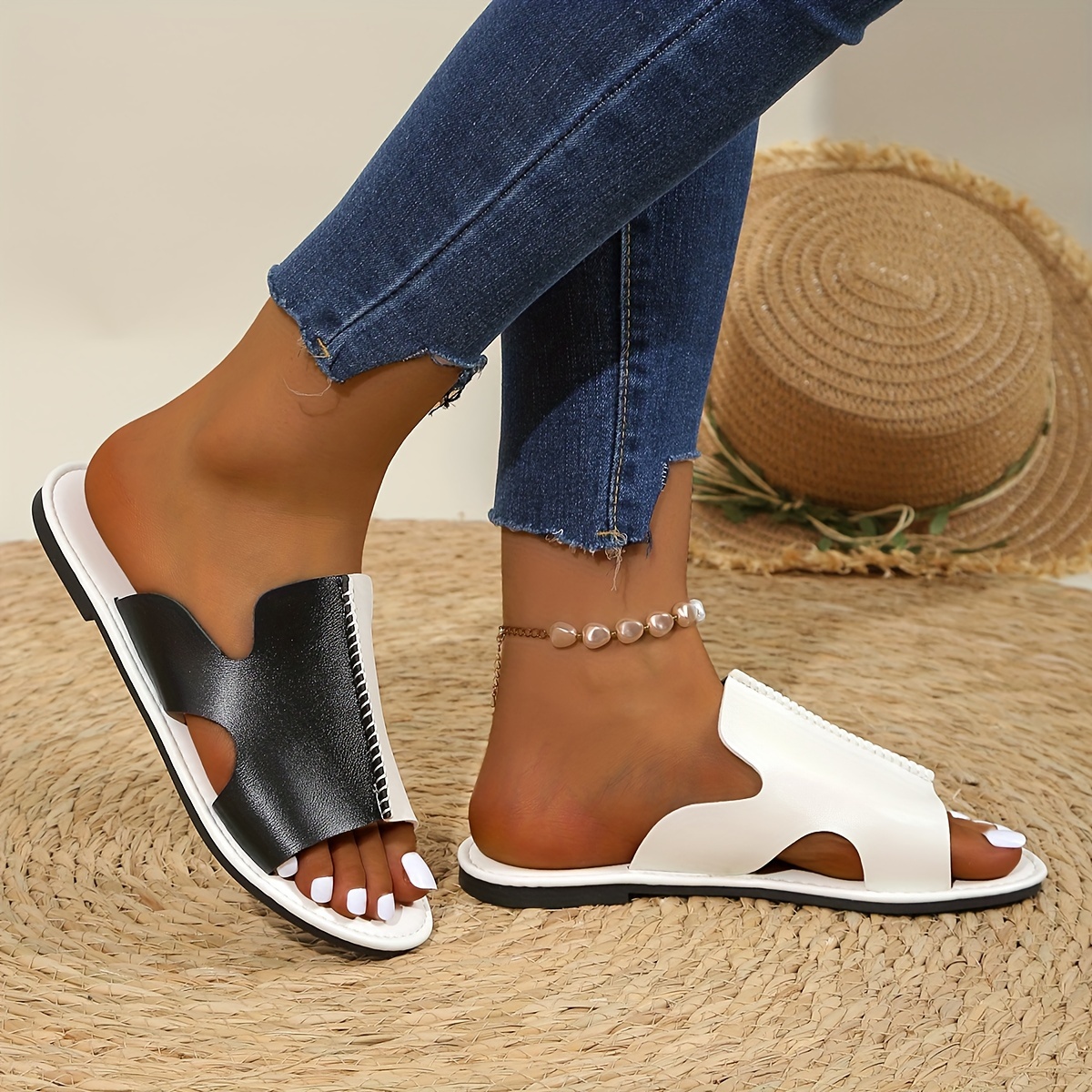 

Women's Two-tone Slide Sandals, Fashionable Comfortable Casual Ladies Slides, Indoor & Outdoor Soft Sole Flat Slides