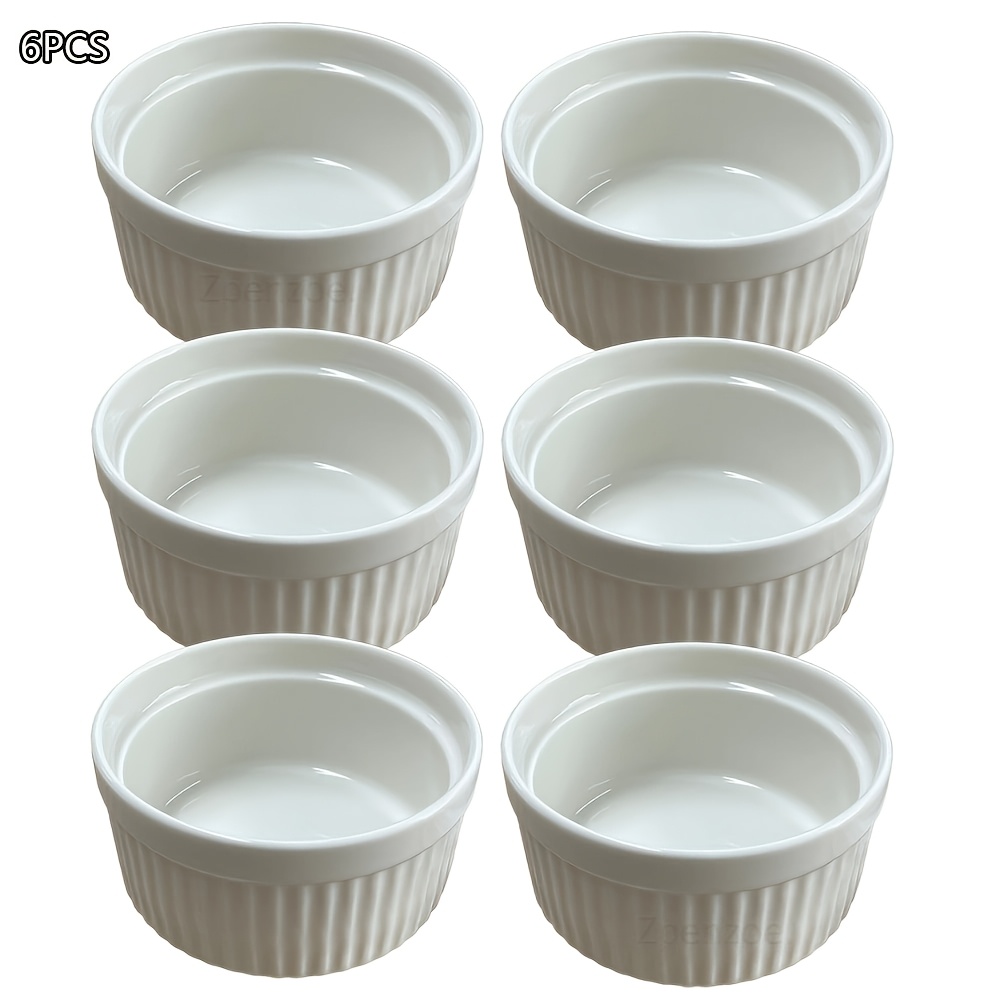 TEMU 6pcs Porcelain Ramekins Dish, 3.5in Ceramic Stackable Baking Bowls, For Creme Brulee Custard Dessert Cups Dipping Sauce Dishes, White