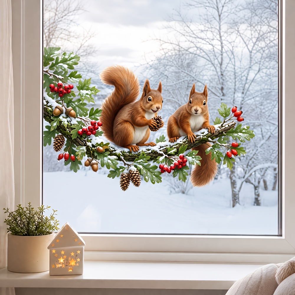TEMU 1pc Christmas Cartoon Squirrel Branch Window Cling, Red Squirrel Glass Sticker, Kids' Room Bedroom Bay Window Christmas Decoration Sticker