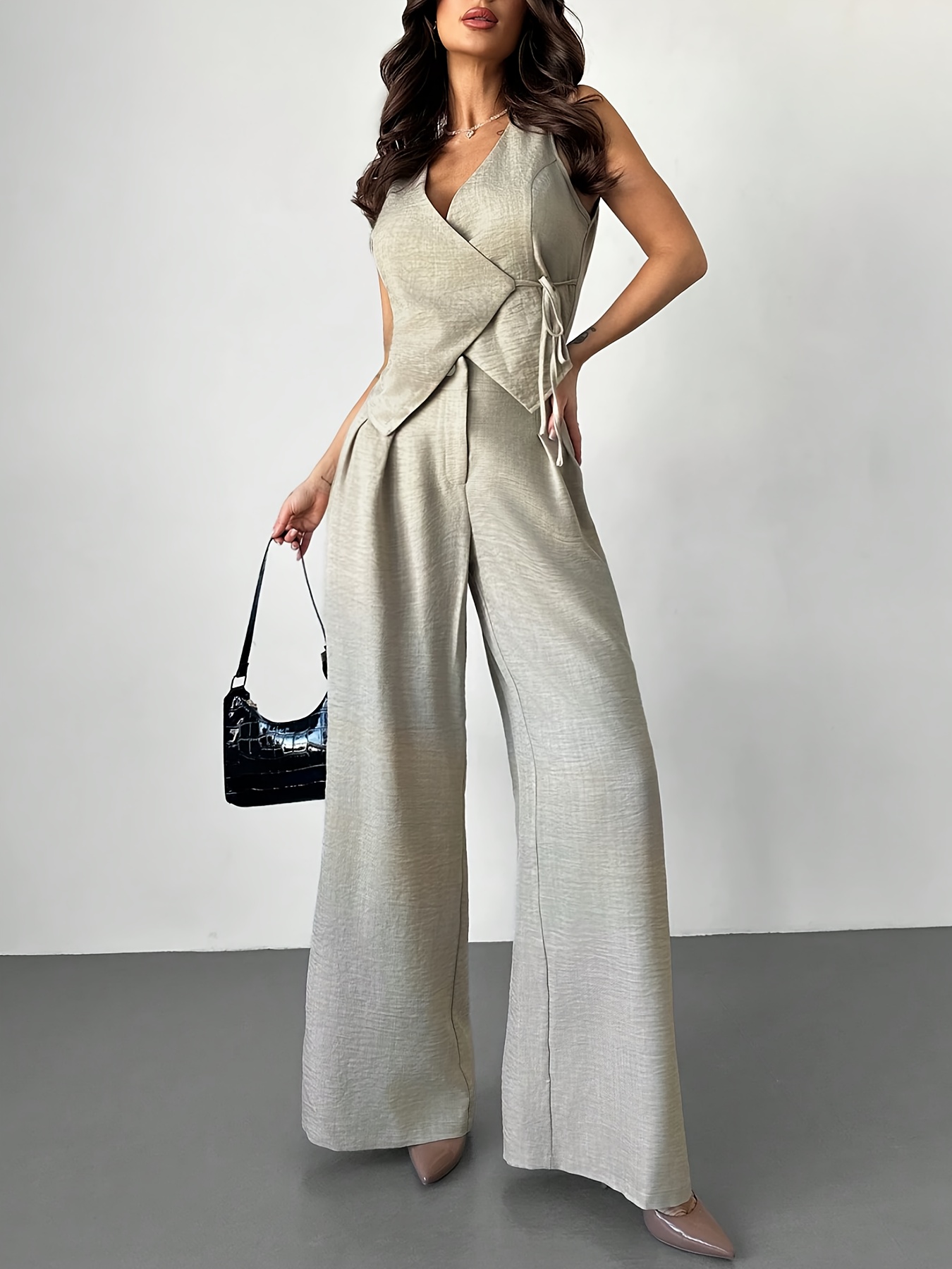 womens stylish two piece jumpsuit tie waist wide leg pants Temu