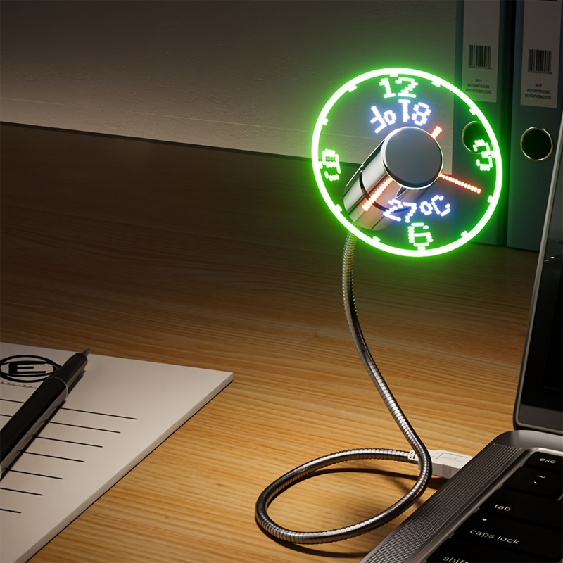 TEMU USB 데스크 클록 팬, 브러시리스 모터, 이중 온도 디스플레이 및 실시간 시간 기록 - 사무실 또는 홈 오피스 사용을 위한 휴대용 금속 디자인, 사무실 데스크 액세서리 | 현대 사무실 장식 | 내구성 있는 금속 구조
