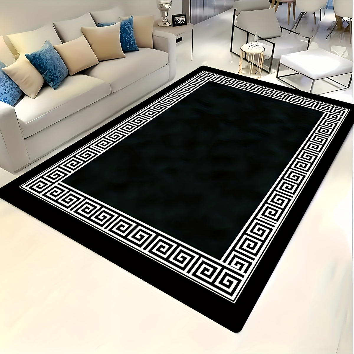 TEMU 850gsm 1pc Minimalist Black & White Geometric Pattern Area Mat - Machine Washable Polyester, Anti-slip Mat For Living Room, Bedroom, Or Entryway