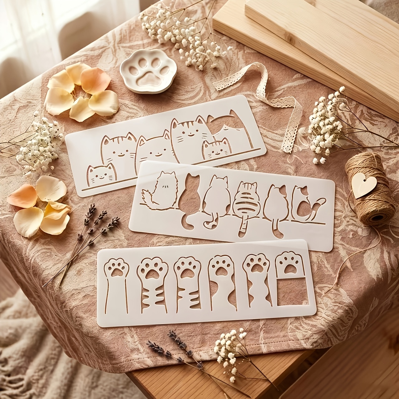 TEMU Cute Cat Pattern Graffiti Craft Stencil, Suitable For Canvas, Walls, Furniture, And Fabrics. Reusable Cat Pattern Decorative Painting Tool, 3pcs