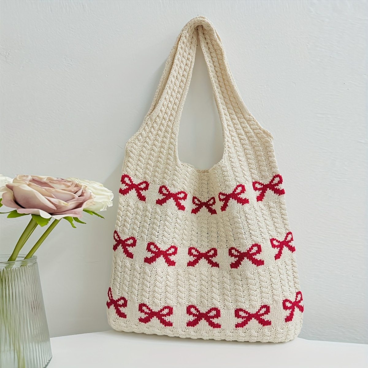 

Cute Bow Pattern Crochet Tote Bag, Fashionable Women's Shoulder Bag, Suitable For Daily Use