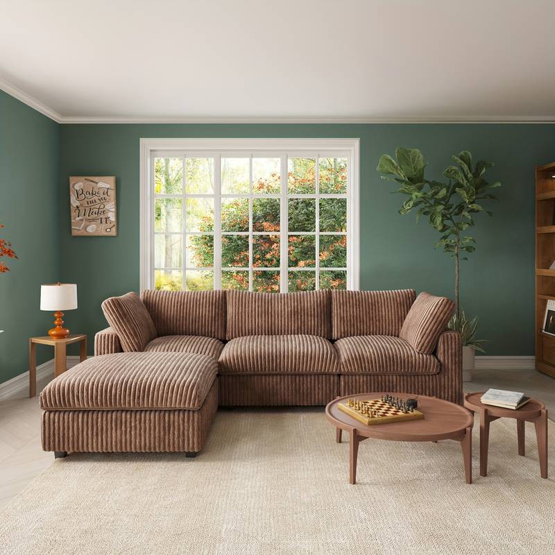 Canapé Modulable 5 Places En L – Velours Kaki, Mousse Mémoire, 5 Coussins – Configuration Libre Pour Ton Salon