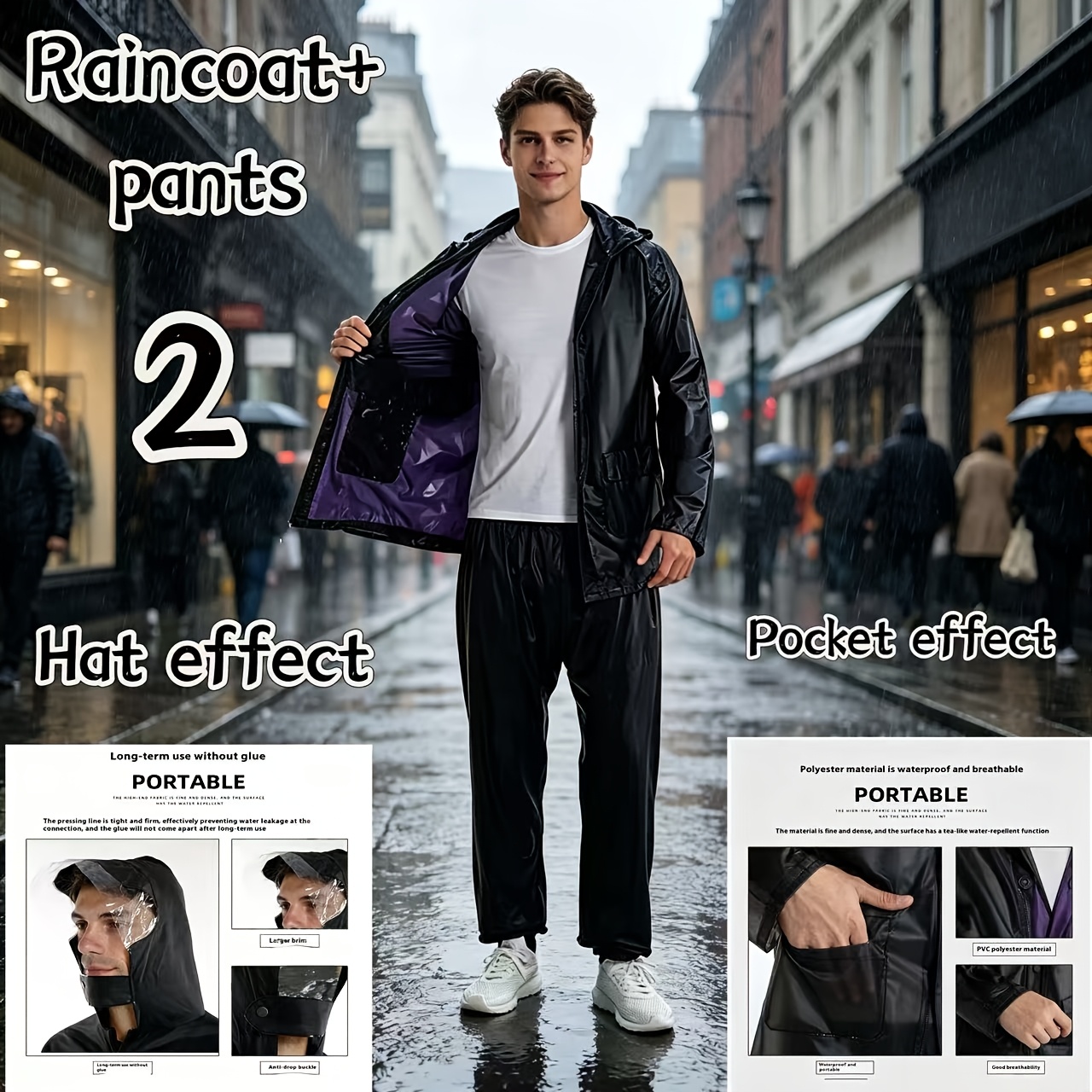 navy     pants jacket   quality rain suit lightweight hooded jacket and pants with purple lining ideal for urban commuting hiking outdoor work and camping