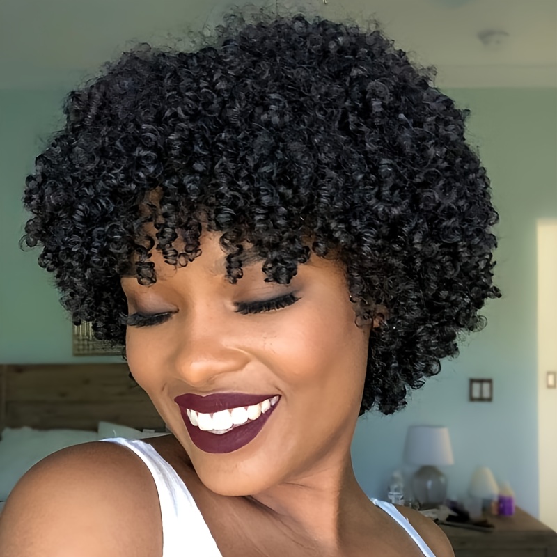 Chic Curly Pixie Cut Wig with Bangs - 180% Density 100% Human Hair, Glueless Design, Loose Curl Short Wig for Women, Rose Net Cap, Natural Look, Perfect for Everyday Style