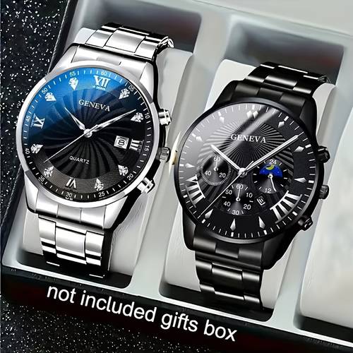 2pcs mens business watch set alloy round case with roman dial stainless steel strap mens quartz wristwatch suitable for daily wear and party occasions set for relatives