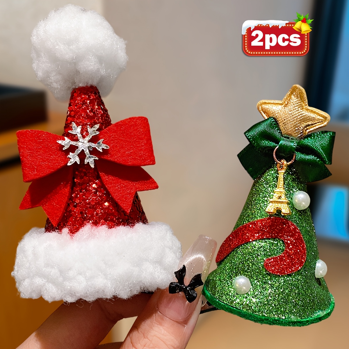 TEMU 2pcs Set Christmas Glitter Mini Hat Hair Clips, Christmas Tree Santa Hat Bow Side Clips, Festive Atmosphere Bangs Clips Hair Accessories, For