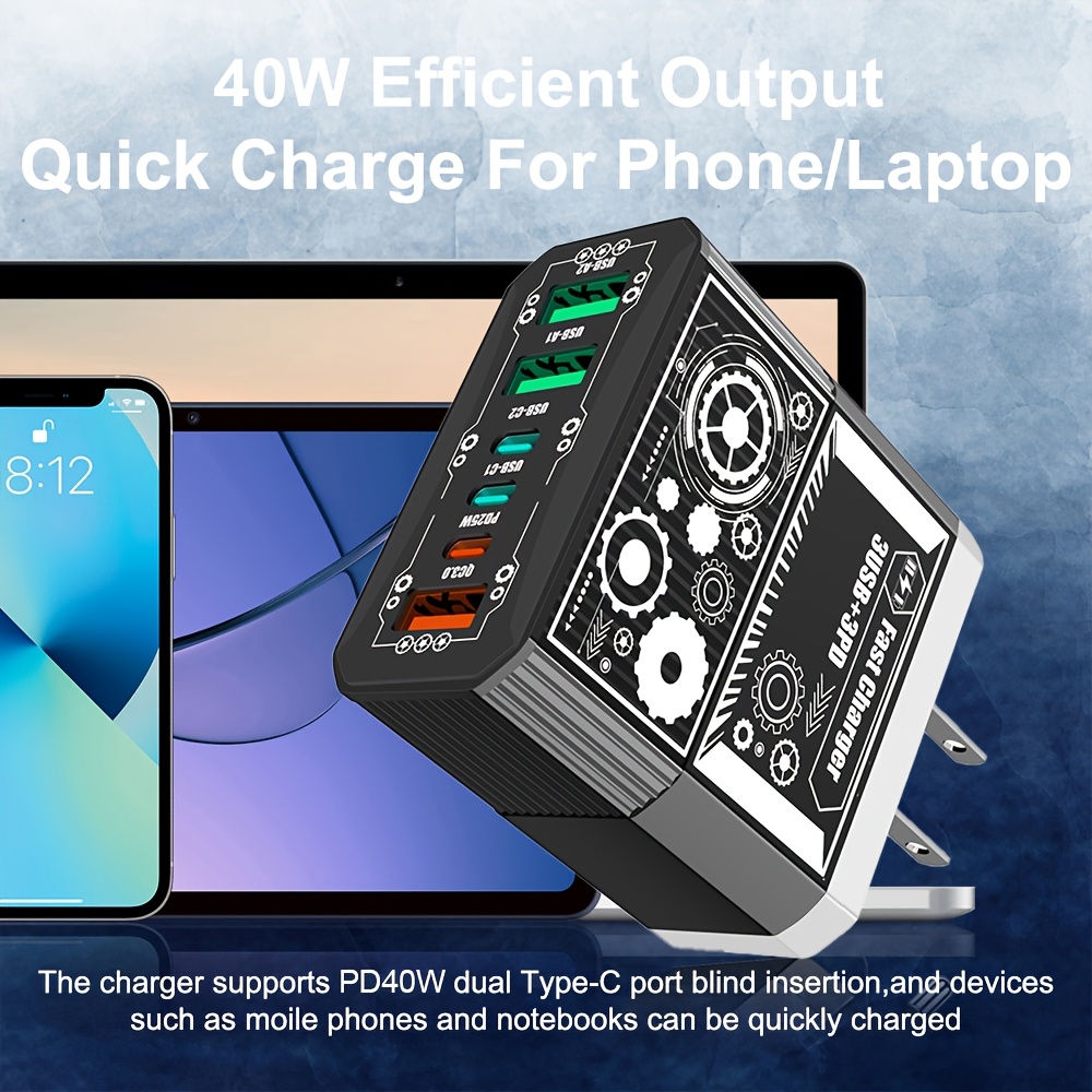 3USB + 3PD Total 40W Mobile Phone Fast Charging Adapter, US Plug 6 Ports Charger QC3.0 Fast Charging for iPhone for Samsung Travel Charger Wall Charger, Multidevice Charging, Spacesaving Charger, Compact Charger, Efficient Charging Technology, Sturdy