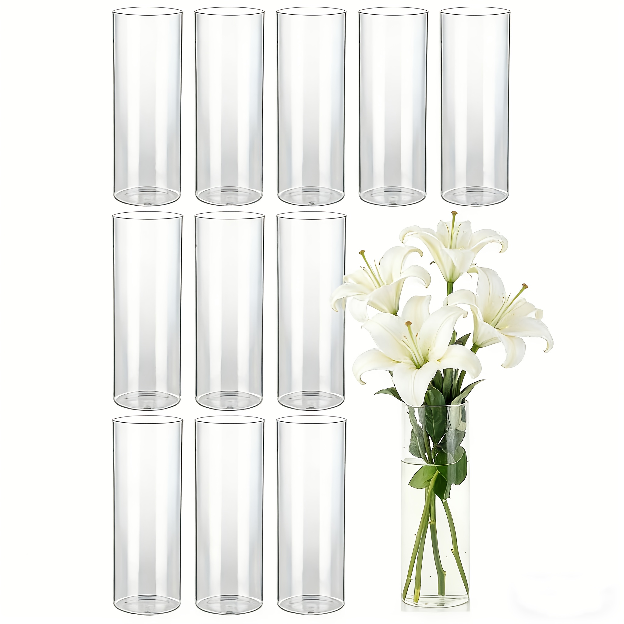 E-shop Ein Set von 12 Glaszylindervasen, transparente runde Vasen, die als Glaszylinder-Blumendekorationen geeignet sind für Hochzeitsjubiläen,