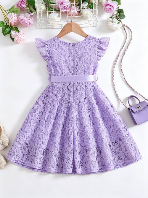 poza articolului rochii elegante de primăvară-vară pentru fete, rochie drăguță cu fermoar, mâneci cu volane, guler rotund din dantelă uni, cu curea, potrivită pentru zi de zi, petreceri casual de aniversare, cadou