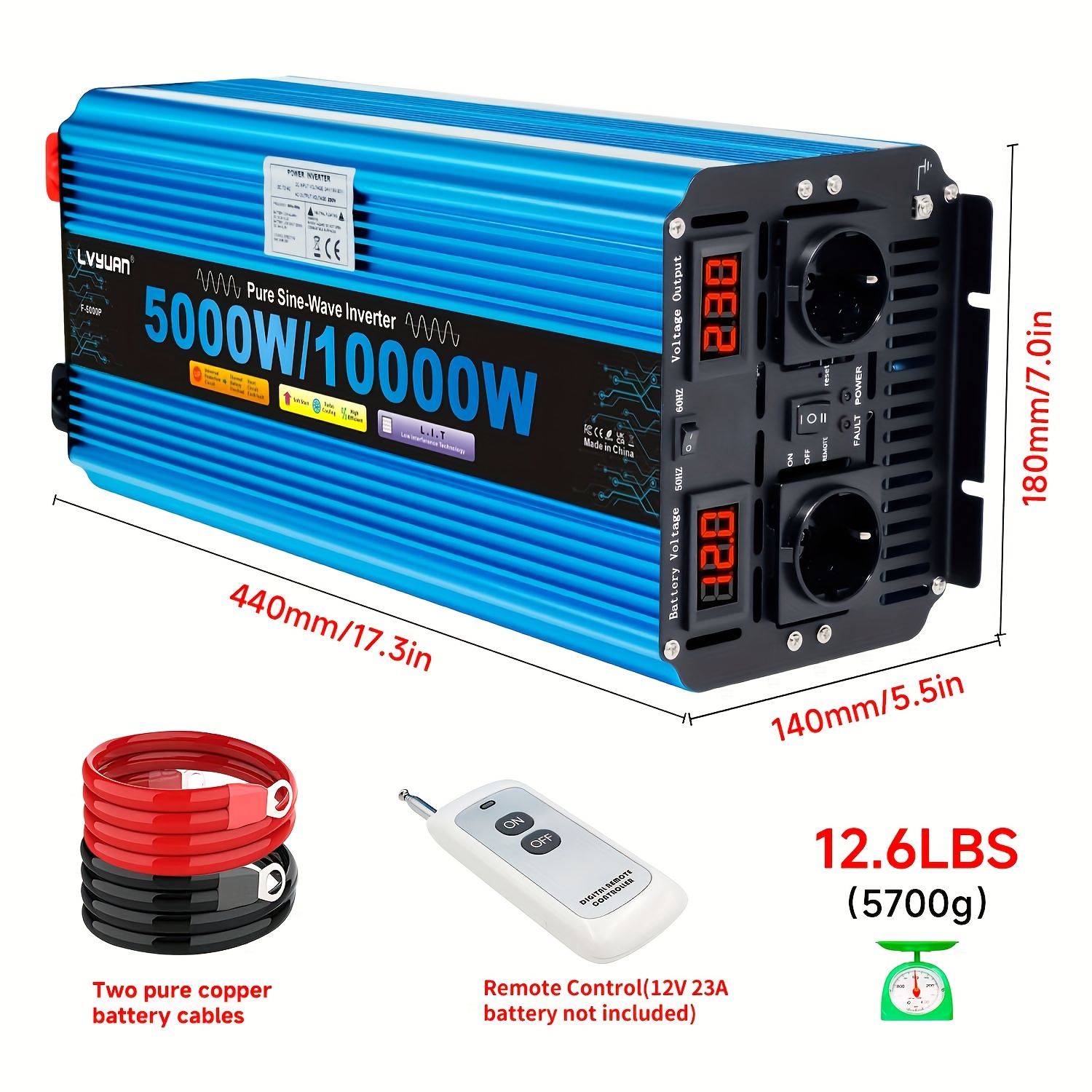 TEMU Lvyuan 1x 10000w () Pure Sine Inverter, 5000w Car Inverter, 12v To 220v-240v, 24v To 220v-240v, 50/60hz Switchable   Lcd Display, With Remote