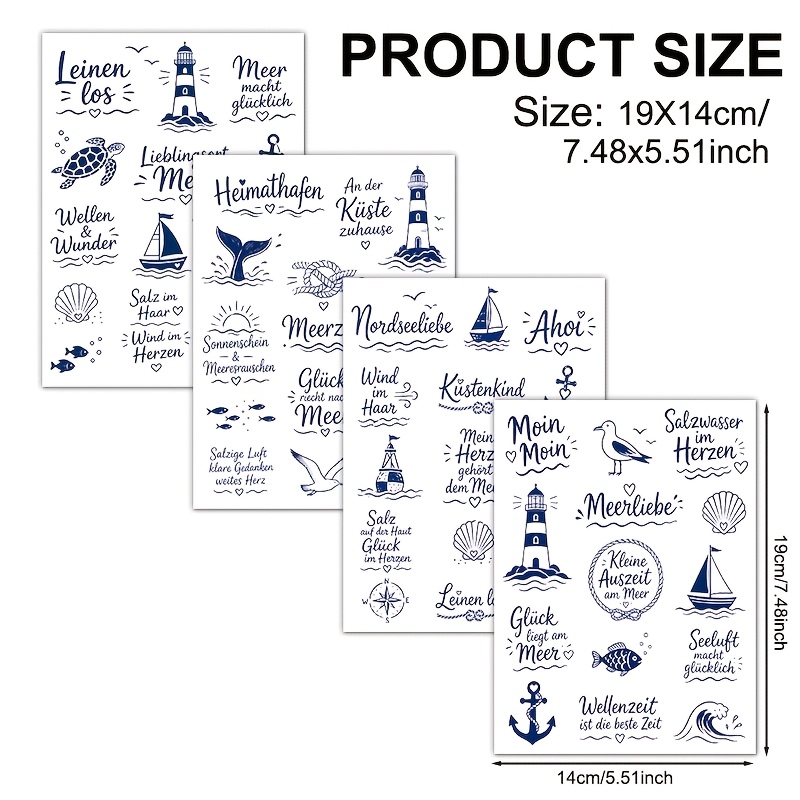 TEMU 4pcs German Coastal Ocean Short Phrases Uv Dtf Transfer Paper - Suitable For Mugs, 16oz Glass Cups, Notebooks, Computers, Tables, Chairs, Etc.,