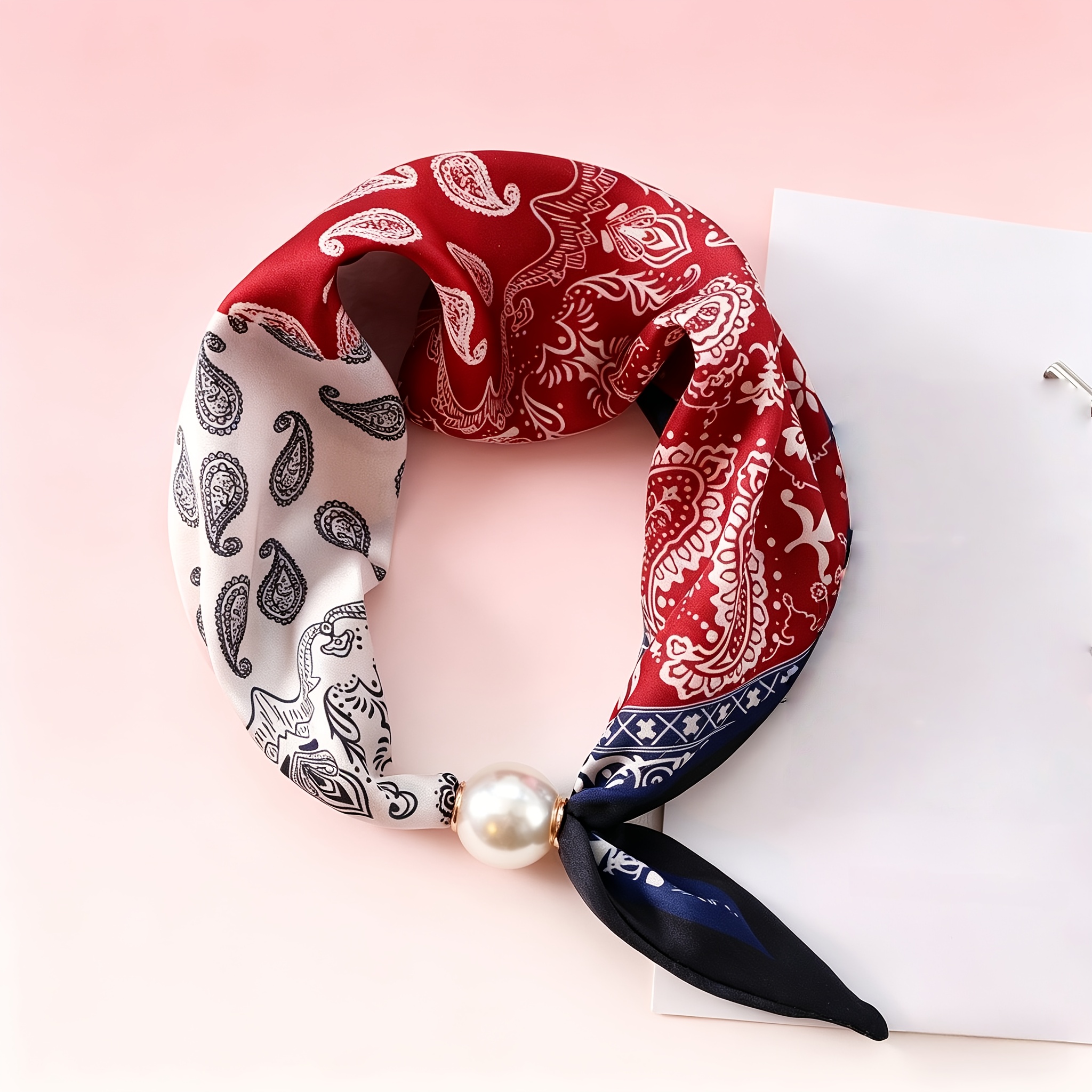 TEMU Oaw Women's Magnetic Clasp Neck Scarf - Vintage Paisley Print Suitable For Shirts, Blouses & Commuting, No-tie Magnetic Collar, /korean -block