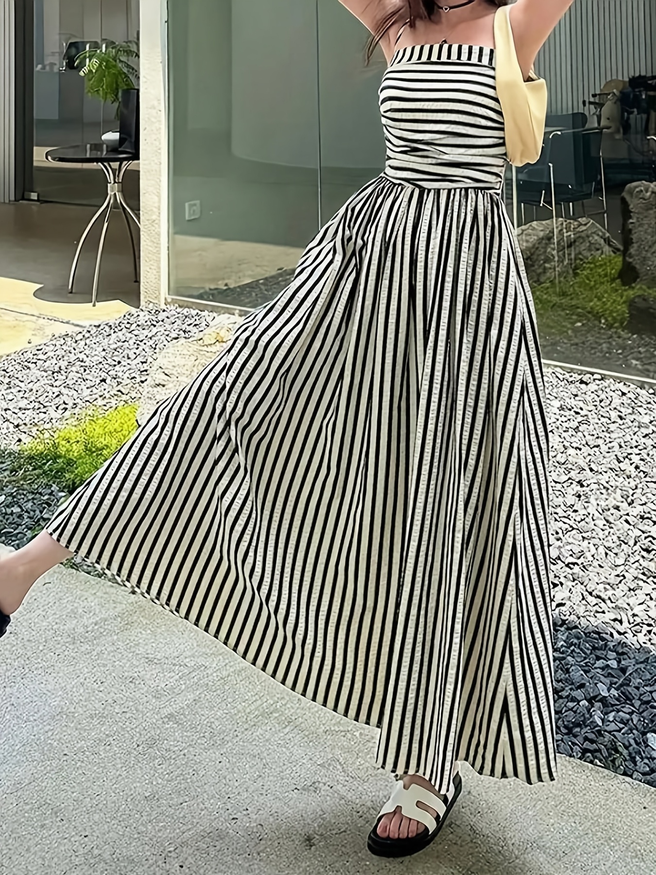 black and white striped strapless dress Women's Black One Shoulder Gown