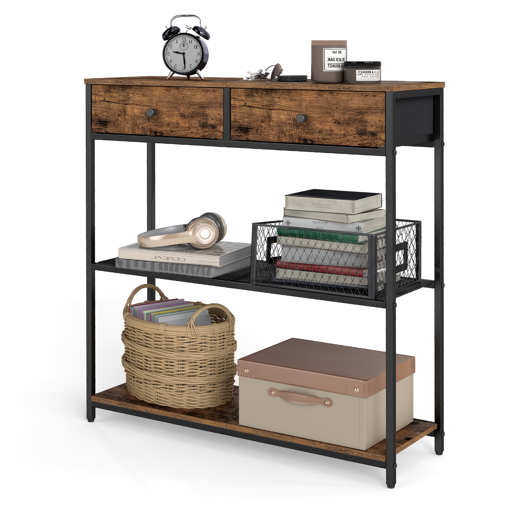 TEMU Mesa consola delgada con 2 cajones de tela, mesa auxiliar de 3 niveles para sofá para o pasillo, 24 x 76 x 80 cm, marrón y