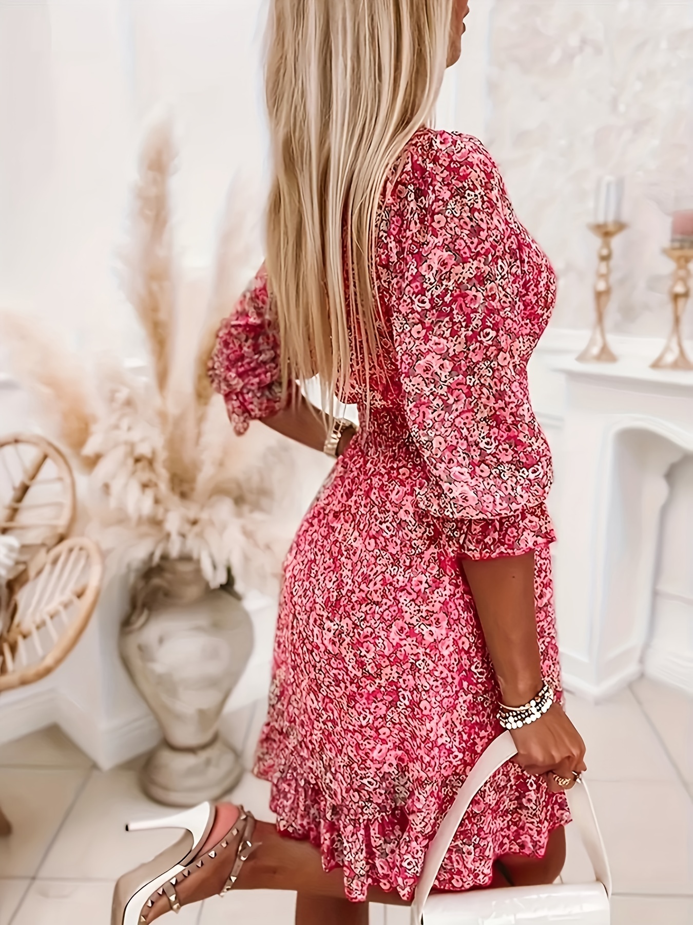 shirred waist v neck dress floral print elegant 3 4 sleeve dress for   womens clothing details 15