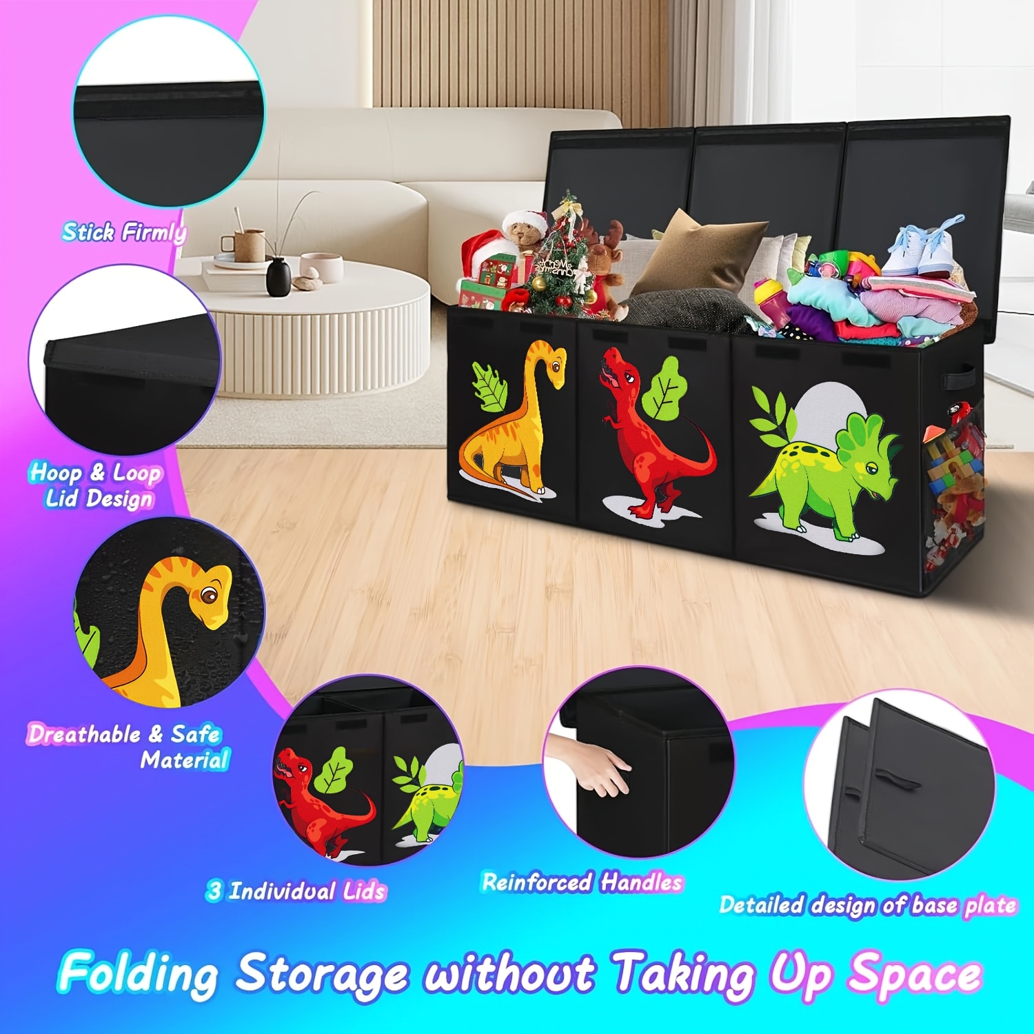 Extra Large Box, Collapsible Sturdy Storage Organizer With Lids, Dinosaur Box For 14+ Boys Girls, Chest Bin Baskets For Living Room, Playroom, Bedroom, Nursery, Black