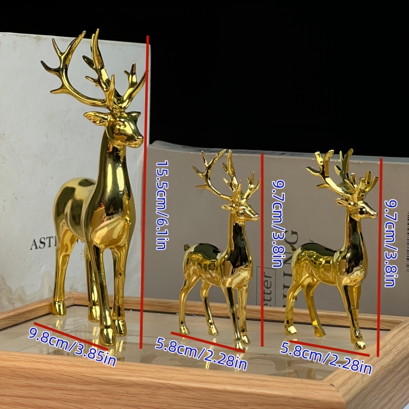 TEMU Exquisite Electroplated Golden Elk 3pcs Set, High-gloss Texture, Living Room, Entryway, And Bedroom Ornament, Wealth-attracting Decorative Craft