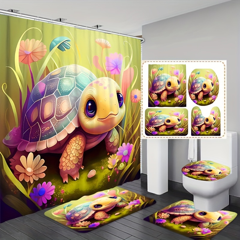 

1/3/4pcs Cartoon Colorful Turtle Bathroom Set, Cute Animal Shower Curtain With Non-slip Rugs, Toilet Lid Cover, And Bath Mat, 70.8x70.8 Inches Waterproof Curtain With 12 Hooks