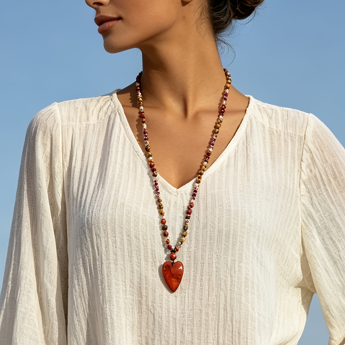 Men's Vintage Bohemian Red Jasper Heart Pendant Necklace