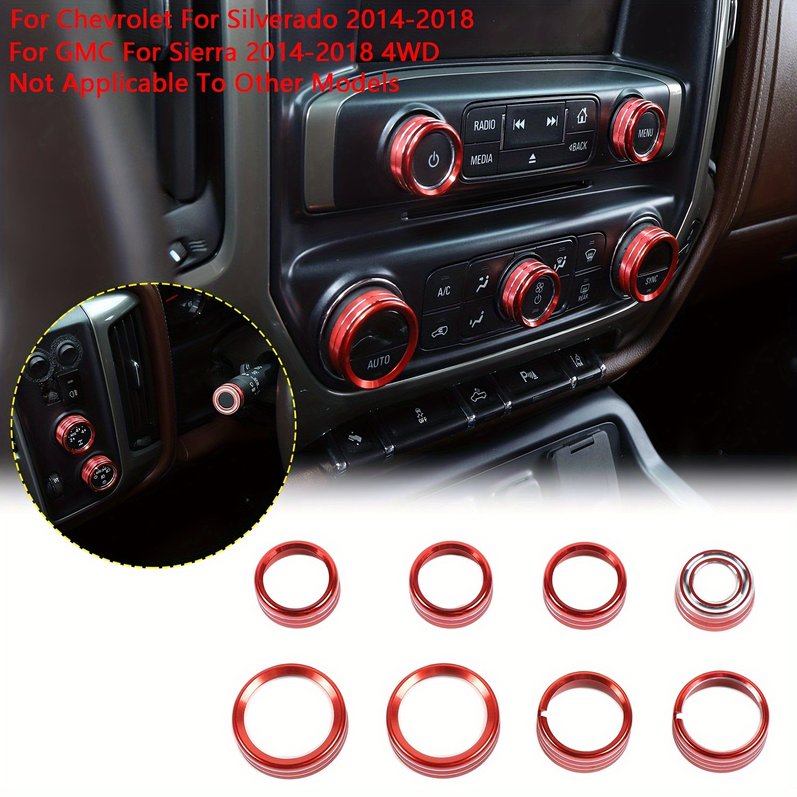 

Aluminum Knob Covers For Silverado & For Gmc Sierra 2014-2018 4wd - 8pcs Console Button Ring Set Interior Accessories