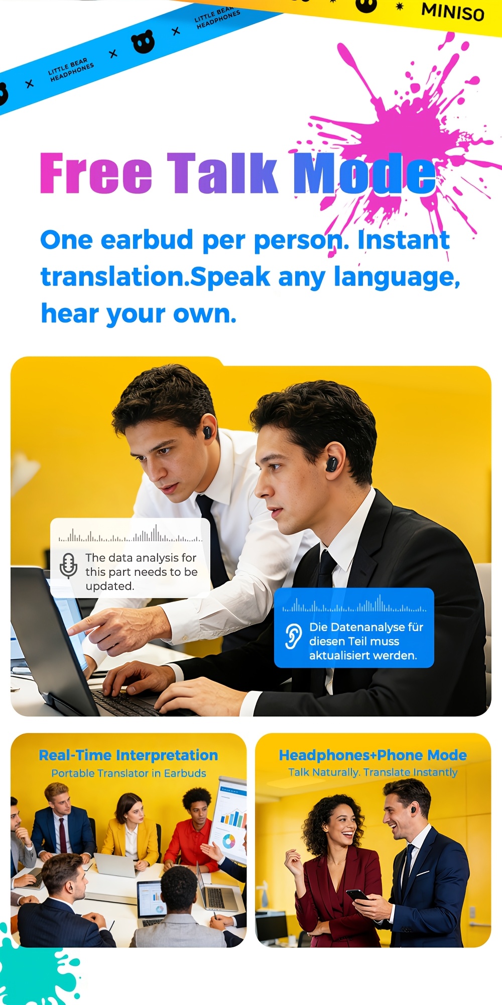 Écouteurs Intelligents de Traduction | Écouteurs Sans Fil Bluetooth 6.0 | Traduction en Temps Réel par IA pour 134 Langues, Logiciel Gratuit à Vie | 40 Heures d'Autonomie, Double Mode pour Jeux et Musique | Charge Rapide Type-C, Design Portable avec Lanière, Masque Élégant à Changement de Visage