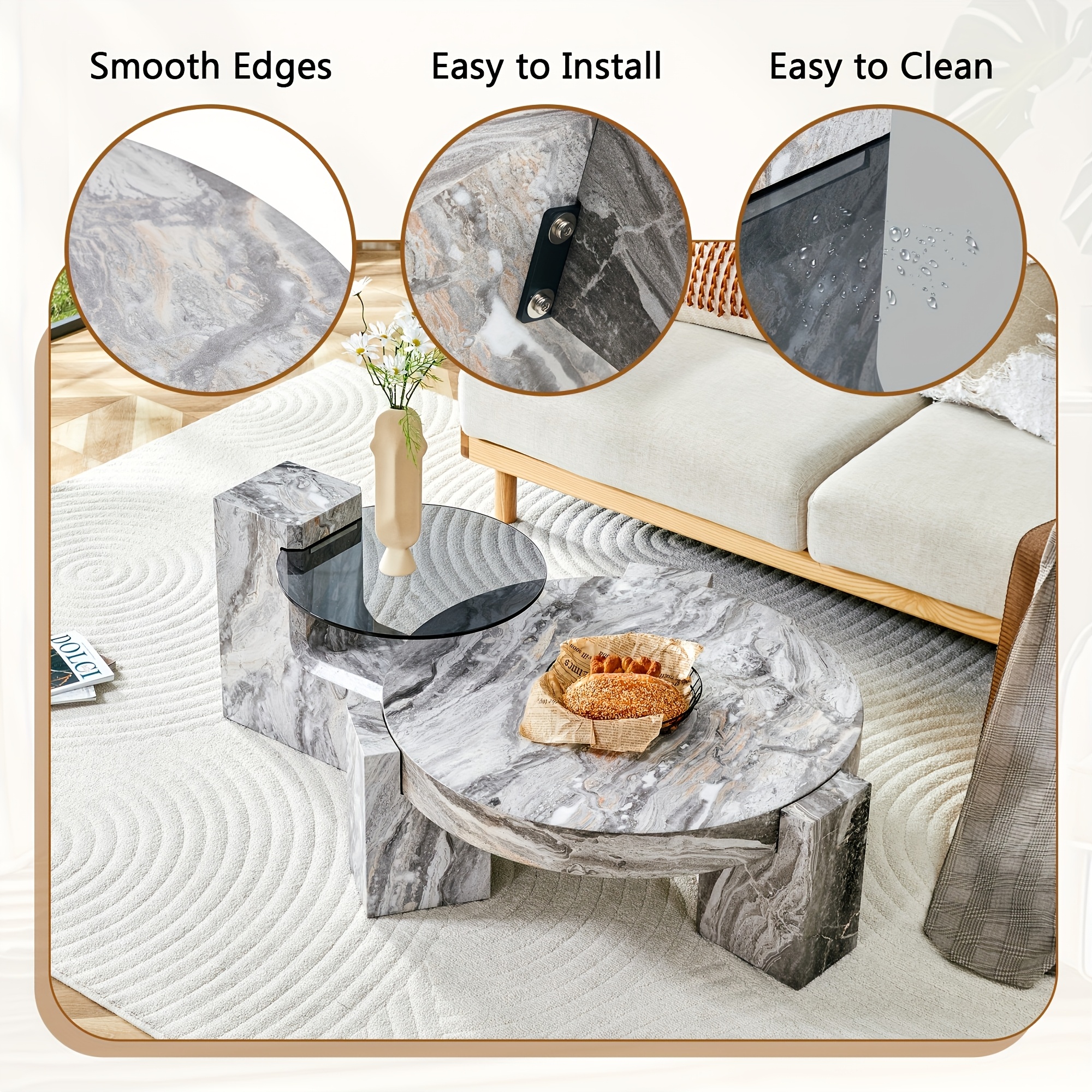 MUUOKY Modern Round Nesting Coffee Table with Faux Marble Top & Glass Side Table - 24” Center Table Suitable for Living Room, 2-Tier Space-Saving, Easy Assembly, Luxury Apartment Furniture, Engineered Wood Base for Small Homes