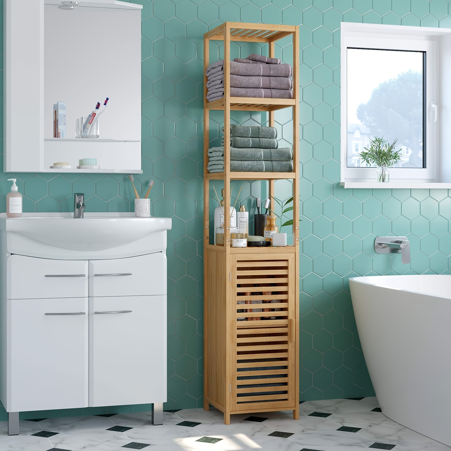E-shop Kealive Badezimmer-Aufbewahrungsschrank, bodenstehender Vitrine mit 3 offenen Regalen und Einzeltürschrank, 33 x 34 x 169 cm