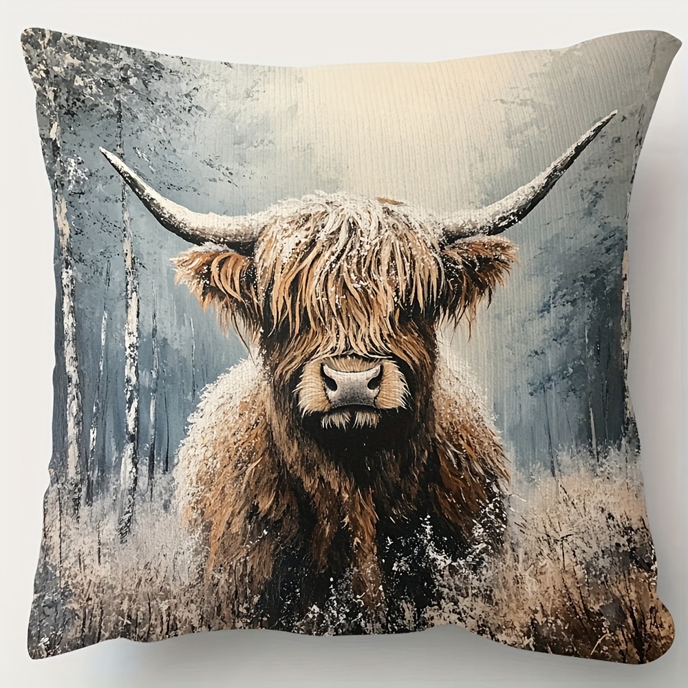 TEMU 1pc Of Double-sided Short Plush Decorative Pillow Cover Featuring A Highland Cow, Measuring 18 Inches By 18 Inches, Ideal For Decorating Sofas,