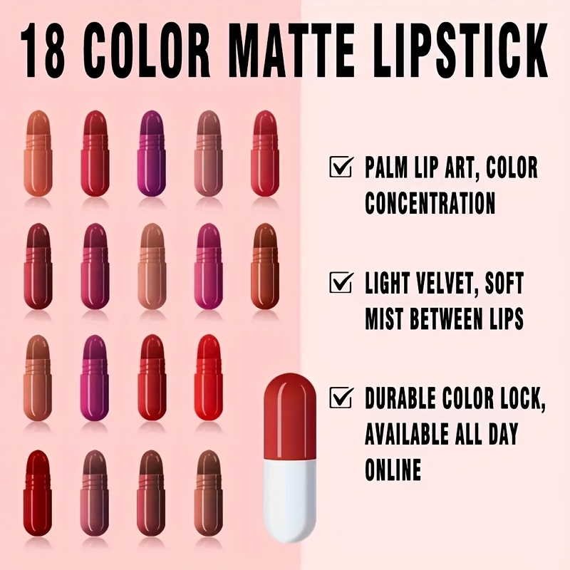 18-Line Capsule Lipstick - Long-Lasting Hydrating Matte Lip Gloss, 18 Shades (Light to Dark) with Plumping Gel Formula, Compatible for Fair to Deep Skin Tones (for Skin Types) - Daily & Special Occasion Makeup, Capsule Tube