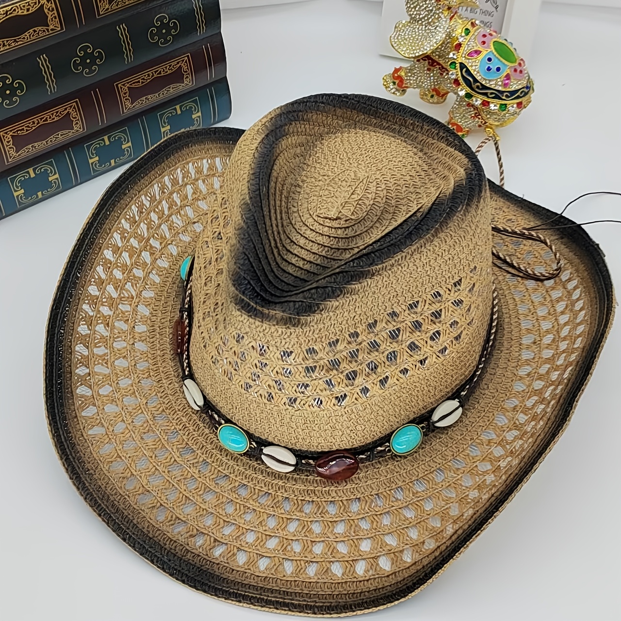 TEMU Chapeau de cowboy Panama turquoise en jean , chapeau de paille respirant, chapeau Panama décoratif pour voyage, vacances et