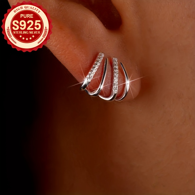 S925 Silver Women's Four Prong Earrings Zirconia for Parties, Low Allergy