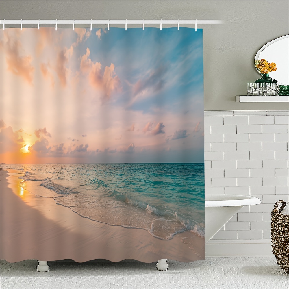 

Ocean Sunrise Waterproof Shower Curtain - Durable, Machine Washable Bathroom Decor With Privacy Window