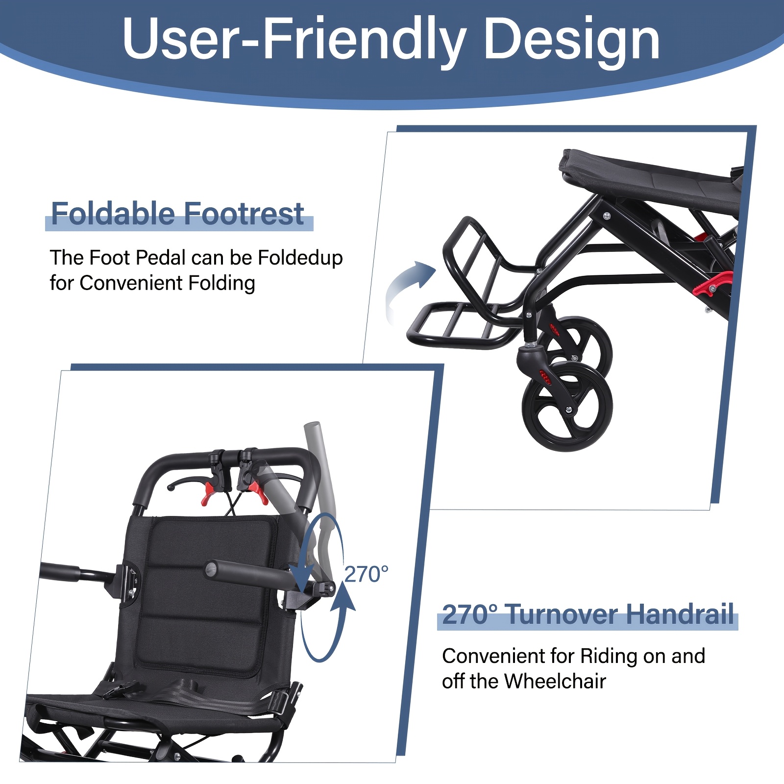 Wheelchairs for Adults Lightweight Foldable Ultra Lightweight Transport Wheelchair, Portable Folding Transfer Chair for Seniors, Adolescents And Children, Narrow Wheelchair for Tight Spaces OR Travel - Image 5