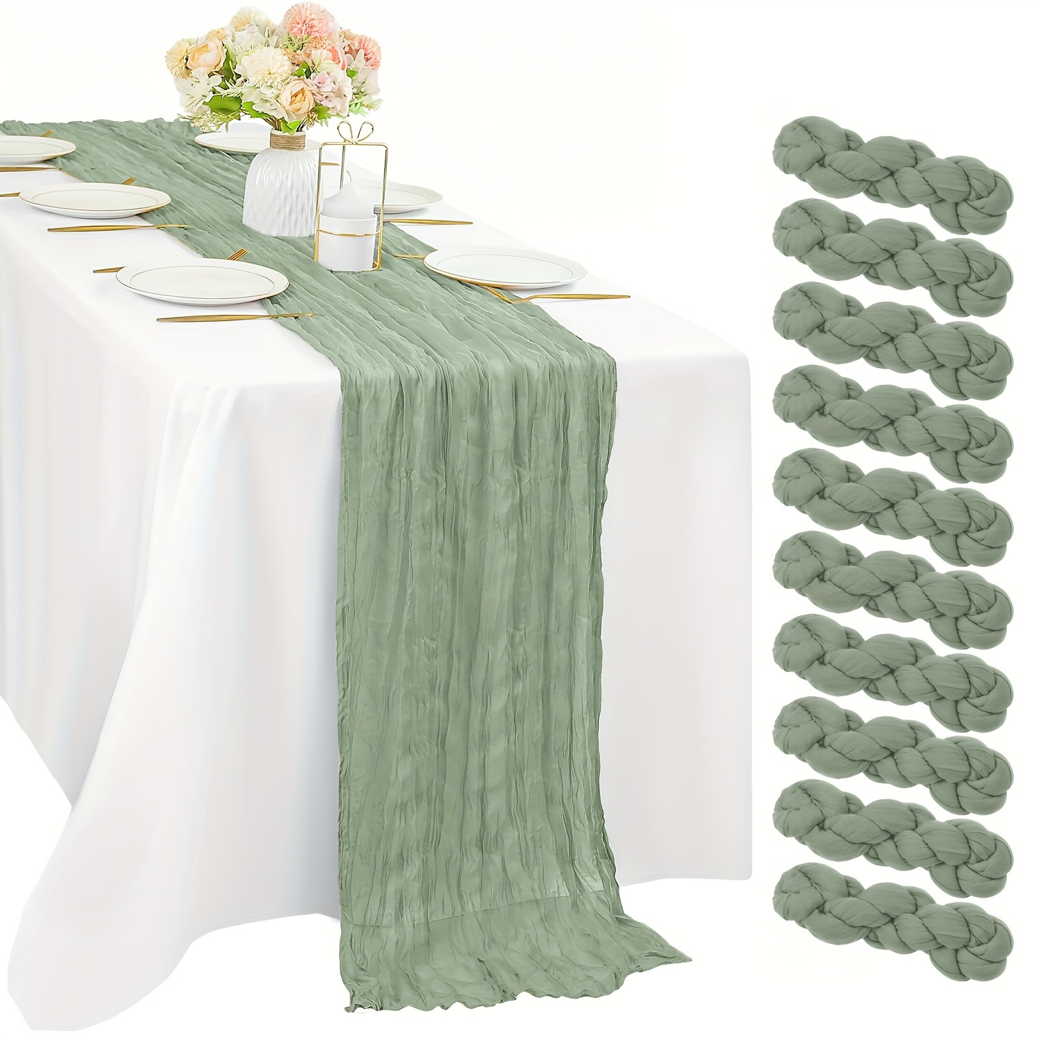 

10pcs Bohemian Cheesecloth Table Runner Set - Vintage Grass Green, Weddings, Bridal Showers & Birthday Parties, 35x120 Inches