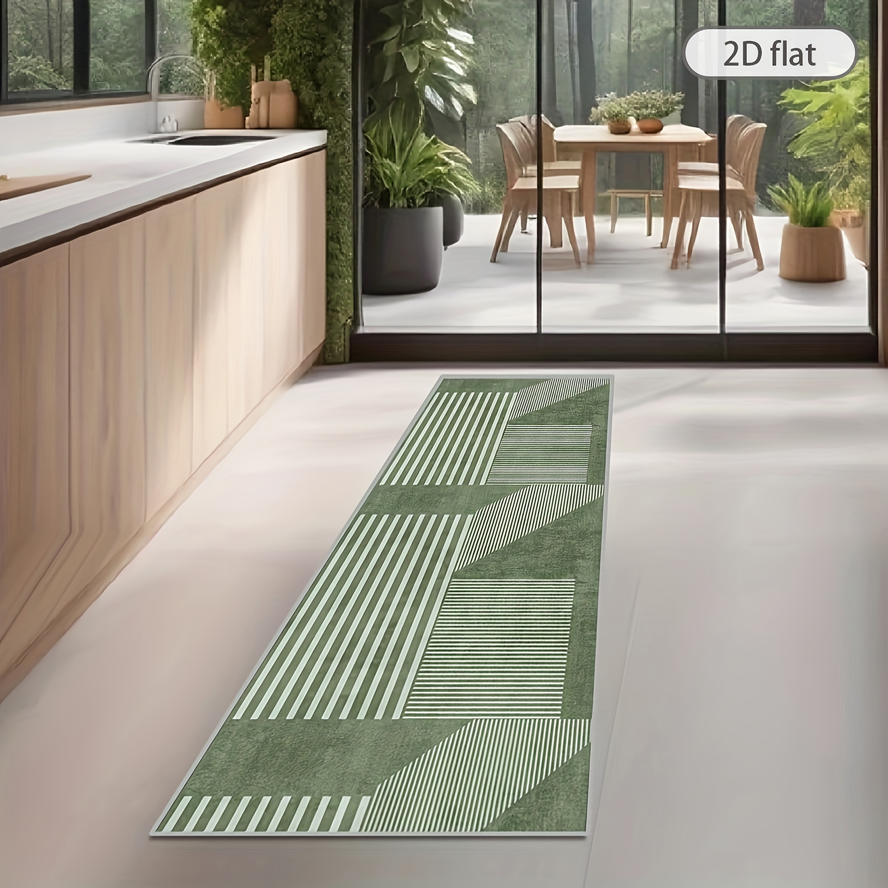 Image of 2d Flat 1pc Green Nordic Geometry Hotel Welcome Carpet | Fashionable Long Carpets, Machine Washable Polyester Rugs For Meeting Room, Creative Decorative Restaurant Runner Mats