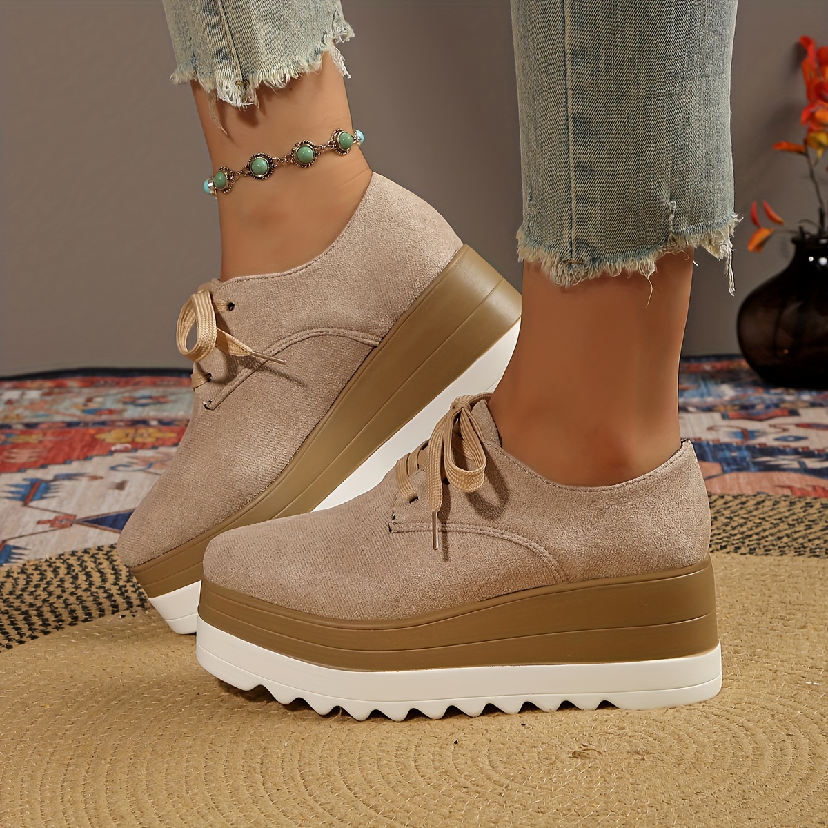 Plus Size Two-Tone Platform Thick Sole Lace-Up Flat Shoes for Women