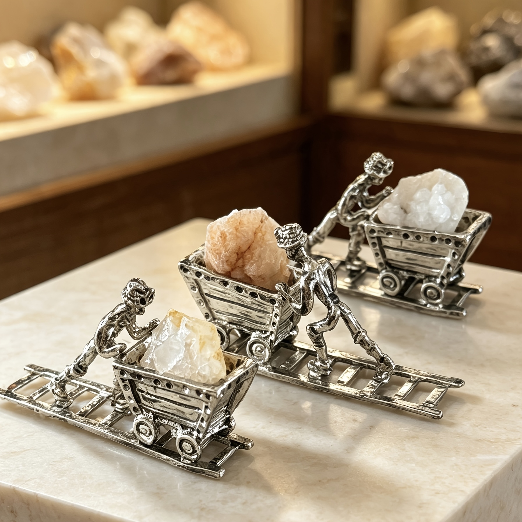 TEMU 1pc Mini Miner Pushing Figurine, Natural Moroccan Crystal , Vintage Metal Miner Statue, Desk Ornament, Holiday Gift, Gift For Crystal Lovers